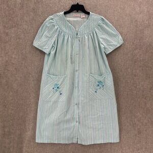 VTG Smart Time 1X Seersucker House Dress Blue Green Striped Snap Front Mumu